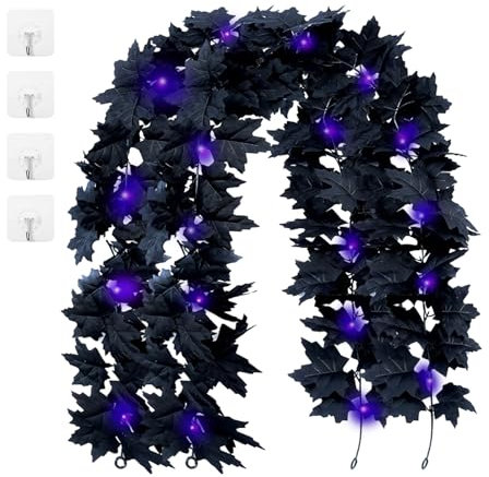 DBALL 2 Pezzi Ghirlanda Halloween 2 m Ghirlanda di Nera Foglie di Acero Artificiale con 4 Ganci Decorazioni Autunnali e Halloween Decorazioni per Interni ed Esterni