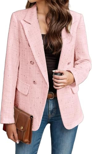 Blazer en Tweed Pour Femme Casual à Manches Longues - Veste élégante à Double Boutonnage Pour Bureau d'Affaires (Rose, XL)