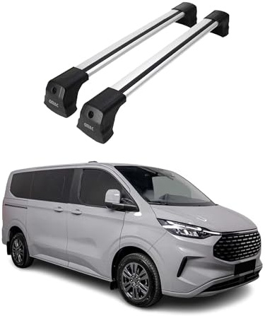 OMAC Dachträger Grundtäger kompatibel mit Ford Transit Custom/Tourneo Custom 2023-2025 Aluminium 75kg Silber 2tlg Fixpunkte für Fahrradträger, Dachboxen, Skiträger Abschließbar