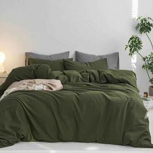 Lanqinglv Bettwäsche 135x200 4Teilig Baumwolle Renforce Dunkelgrün,Leinenoptik Baumwollbettwäsche mit Reißverschluss,ÖKO-TEX Bettwäsche für Allergiker Geeignet,2 Bettbezug & 2 Kissenbezug 80x80 cm