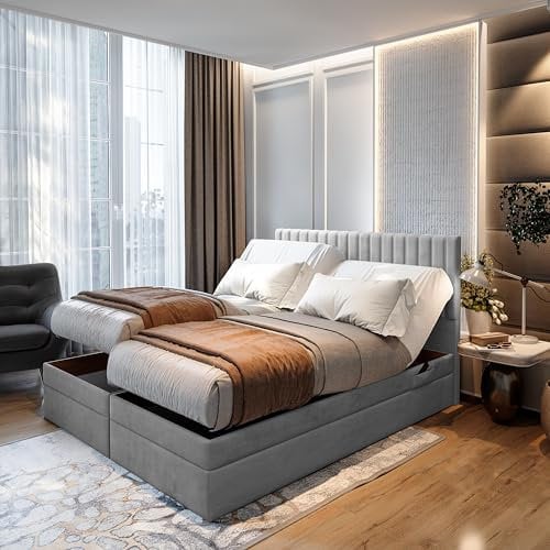 TRADA Adele Boxspringbett 140x200 Elektrisch verstellbar Taschenfederkern Doppelmatratze 9 Zonen Topper Bett mit Bettkasten Velour Stoff Grau