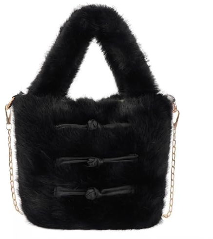 Pandalein Damen Kunstpelz Mini Tote Bag Winter Beuteltasche Flauschig Bucket Bag Plüsch Handtasche Fell Umhängetasche Süße Plüschtasche Henkeltasche mit Kette (Schwarz)