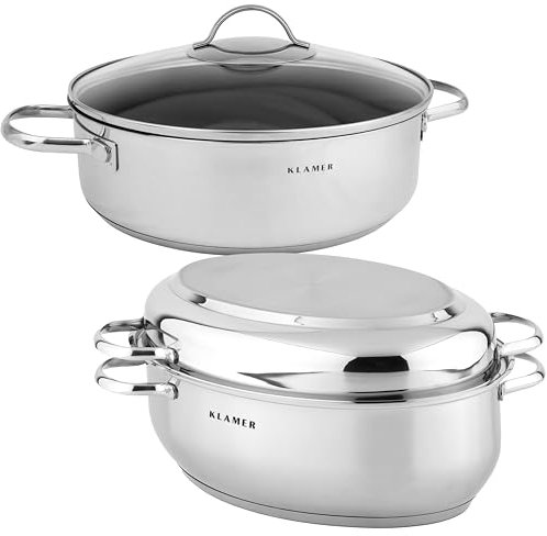 KLAMER Bräter + Servierpfanne 28 cm Set, Schmorpfanne mit Deckel 28cm Induktion, Edelstahl Schmortopf backofengeeignet, Schmorpfanne hoher Rand, Premium Beschichtung
