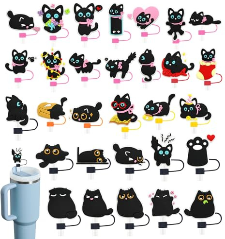 30 Pack Black Cat Straw Covers Cap for Tumblers, 10mm Cute Dust-Proof Straw Topper for Water Bottles Stanley Cups Accessories Gifts For Women Party Favors