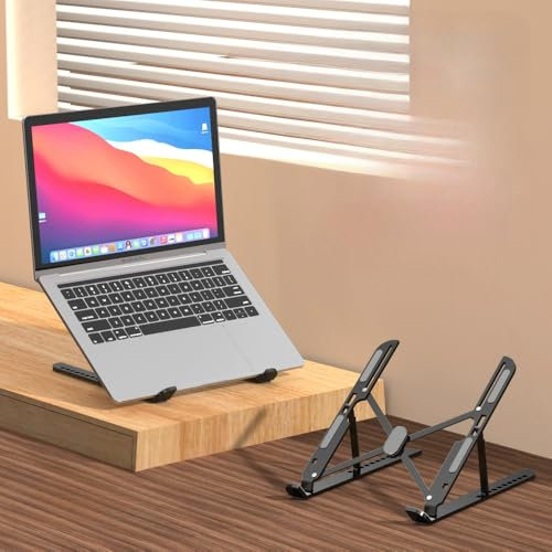 GrandMil Adjustable Laptop Stand for Desk – Foldable & Portable ABS+Silicone Riser, Ventilated Cooling Holder for 10-17.3” Laptops & Tablets (Black)