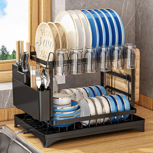 Escurreplatos con Drenaje, Escurridor de Platos de 2 Niveles con Bandeja de Goteo, Soporte para Utensilios y Caño Giratorio para Fregadero (Negro)