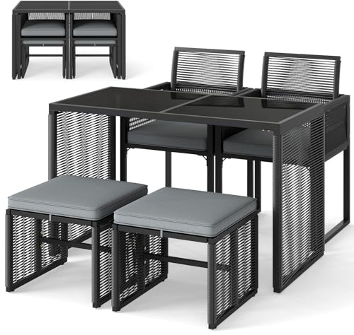 GYMAX 5-teilige Sitzgarnitur aus PE-Rattan, Outdoor Gartenmöbel Set inkl. platzsparendes Terrassenstuhl mit Kissen, Tisch aus gehärtetem Glas & Ottomanen, Sitzgruppe für Garten, & Hinterhof