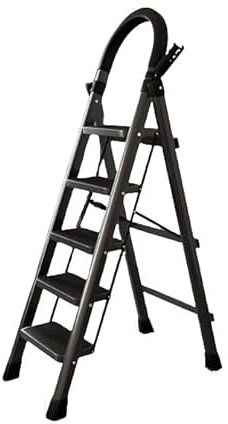 Scaletta a 5 gradini con piattaforma di lavoro, carico 150 kg, scaletta pieghevole, larghe gradini pieghevoli antiscivolo, sgabello in acciaio a piedi per adulti, nero