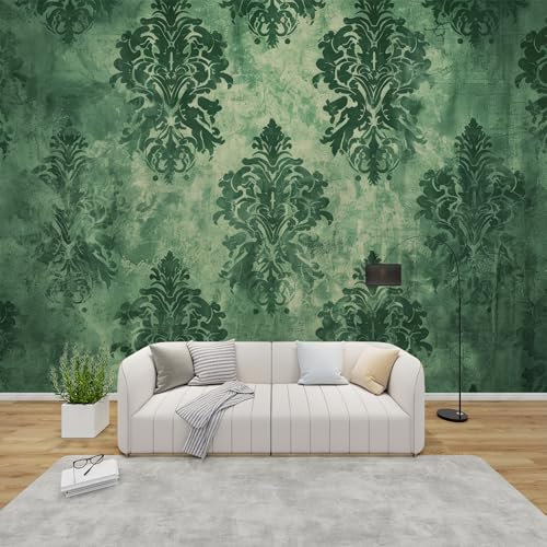 QEODAH Green Damask Wallpaper for Living Room, Vintage Green Wall Art for Bedroom, Baroque Wall Murals for Bedrooms, Renter Friendly Removable Waterproof Non-Woven Photo Wallpaper 3D, 200x140 cm