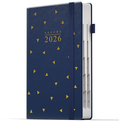 DeDe Bee Kalender 2026 Terminplaner A5 Agenda, Mehrsprachiges, 1 Tag pro Seite und Monatsplan Insgesamt 416 Seiten, Innentasche, Elastischer Verschluss, Hardcover (Blau)