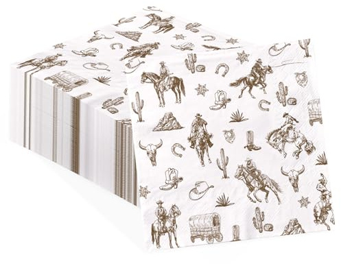 100 Pcs Western Cowboy Paper Cocktail Napkins 3 Ply Cactus Horse Disposable Absorbent Hand Towels Wild West Rodeo Guest Napkins for Horse Theme Cowboy Birthday Party Dinner Bathroom Kitchen Supplies