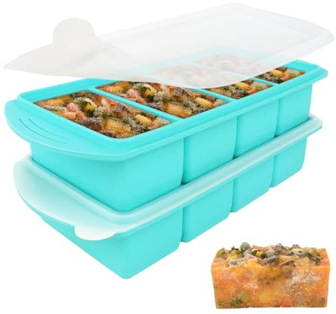Jonuin 2 Pack Soup Cubes Silicone Freezer Tray, Soup Freezer Containers with Lid, Large 4-Compartment, Makes 8 1-Cup Portions Cubes, Silicone Freezer Moulds for Meal Prep, Soups, Sauce (Blue)