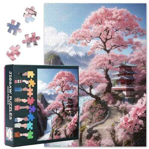 Puzzles en fleurs de cerisier 1000 pièces pour adultes, puzzles de paysage de montagne pour adultes, puzzle de défi fleurs 1000 pièces, jeu de relaxation pour hommes et femmes 70 x 50 cm