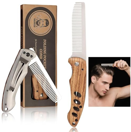 Klappbarer Taschenkamm für Männer, Bart und Haarkamm aus Edelstahl mit Zebranolz Griff, 16.7 cm, Tragbarer Pflegekamm für Reisen