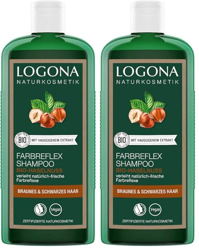 LOGONA Naturkosmetik Farbreflex Shampoo Braun-Schwarz für natürlich glänzendes Haar, Geeignet für braunes und schwarzes Haar, Color Haarshampoo mit veganer Formel aus Bio Haselnuss, 1 x 250 ml
