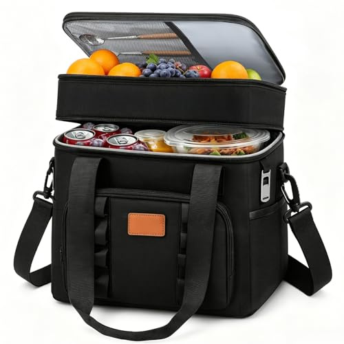 BBLTIFF Borsa Termica Porta Pranzo, 30.7L Borsa Doppio Frigo Grande, Borsa Porta Pranzo, Borse Termiche con Tracolla Regolabile, Tasche Multiple e Apribottiglie per Picnic, Campeggio, Ufficio (Nero)