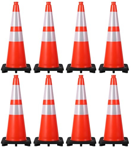8 Pack 28 Inch Traffic Cones with Weighted Base - PVC Orange Safety Cones for Construction, Parking Lot, Driveway & Event Traffic Control