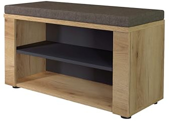 FARGO Sitzbank mit Sitzkissen und 2 offenen Fächern 80 x 48 x 38 cm (B/H/T) | Flurbank in Graubraun meliert mit weichem Stoffbezug, 2 offene Ablagefächer für Schuhe, FSC-zertifiziert
