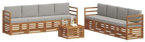 vidaXL Sofagarnituren 9 pcs Natürlich und Hellgrau Massivholz Akazie, Garten, modernes, langlebiges Outdoor-Sofa, Eckmöbel für Terrasse und Lounge, gemütliche Sitzgruppe
