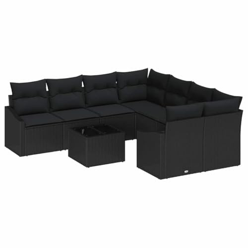Foknhdi 9-TLG Gartensofa Set Schwarz Poly-Rattan 233,5 x 234 cm Eckcouch mit Stauraum & wetterfester Tisch für Terrasse Balkon und Garten