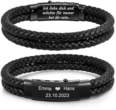 Gamtic Leder Armband Herren Geschenke für Männer - Edelstahl Verstellbare Verschluss, Schwarz Lederarmband mit Gravur Schmuck Herren Geschenk für Ihn Papa Opa Mann Sohn Bruder Enkel
