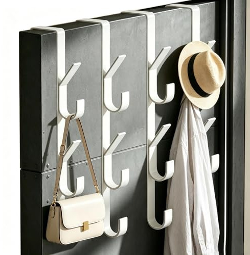HAOXIZI Over Door Hanger, 4 Pcs Stainless Steel Door Hooks Heavy Duty Overdoor Hook Hanger for Clothes Coats Hats Bags Towels Space Saving Vertical Design Coat Hooks for Doors