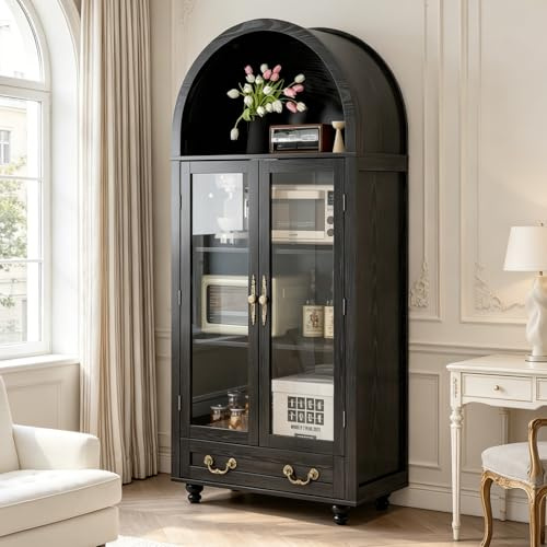 OOFAYJIA 180cm Glasvitrine mit 4 Display Regale & Schubladen, Schwarz | Gewölbte Vitrinenschrank mit Glastüren, Bücherschrank Für Wohnzimmer, Küche und Arbeitszimmer,Stil 3