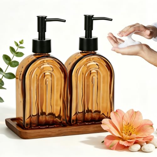 Seifenspender Glas Spülseifenspender 2 Stück 400 ml mit Holz-Tablett | Soap Dispenser Mit Pumpe Küche Arbeitsplatte und Badezimmer
