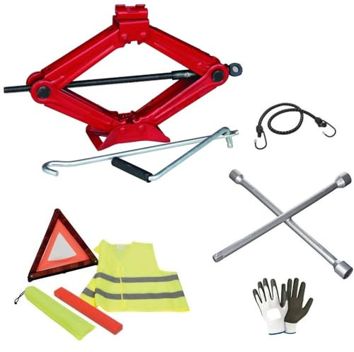 Sollevamento per CAMBIO Gomma KIT d'urgence Article pour Voiture CRIC en Acier+Cross Key+Triangle+Fluo Jacket Tous APPROUVÉS Assistance ROUTIÈRE