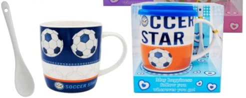 Lote de 4 Tazas de Cerámica Infantiles con Cuchara y Tapa Fútbol. Recuerdos. Regalos Originales. Detalles de Bodas, Comuniones, Bautizos, Cumpleaños. DC