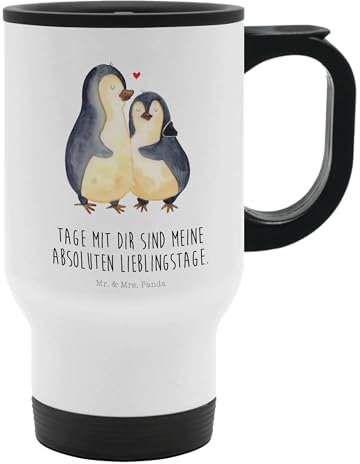 Mr. & Mrs. Panda Thermobecher Pinguin umarmen - Geschenk, Umarmung verliebt, Warmhaltetasse, Hochzeitstag, Liebe, Jahrestag, Liebesgeschenk,
