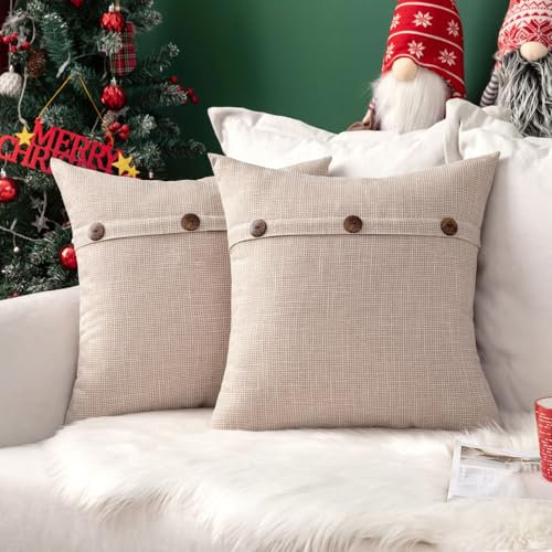 MIULEE Kissenbezug Dekorative Kissenhülle Leinenoptik mit Knöpfe Kissenbezüge Dekokissen Sofakissen Zierkissen für Sofa Schlafzimmer Wohnzimmer 2er Set 65x65 cm Creme weiß