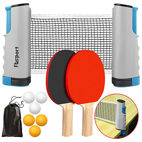 FBSPORT Ping Pong Paddle Set, Portable Table Tennis Set with Retractable Net, 2 Rackets, 6 Balls and Carry Bag for Children Adult Indoor/Outdoor Games, Gray