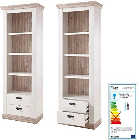 Lomadox Standregal im Landhaus Stil in Pinie Weiss inkl. LED-Rückwandbeleuchtung