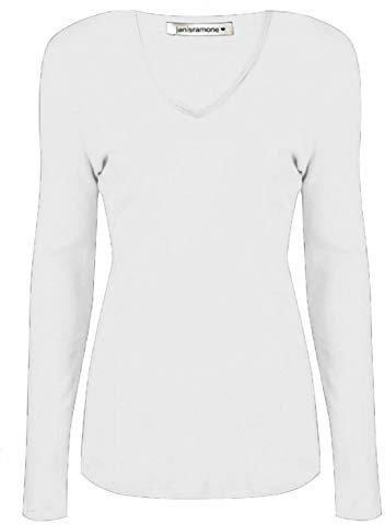 janisramone Womens Ladies V Neck Long Sleeve T-Shirt Stretchy Plain Jersey Slim Fit Casual Basic Tee Tops White