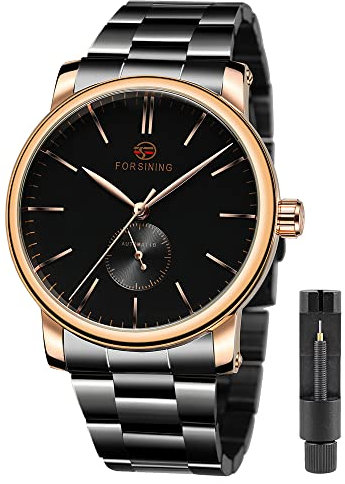 Tiong Herren Mechanische Uhr Edelstahl Herren Leuchtende Handuhr Skelett Römische Ziffern Wasserdicht Mechanische Uhr, S1164-Rose & Schwarz, Mechanisch