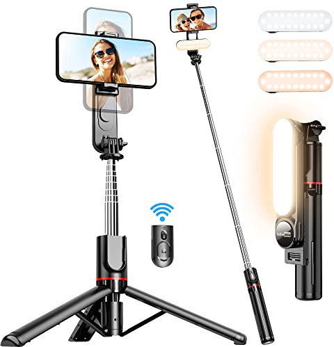 Stable Selfie Stick Stativ mit Abnehmbarer Fülllicht, 111cm Erweiterbar Handy Stativ mit Kabelloser Fernbedienung um 360° Drehbar für iPhone, Samsung, Huawei, Sony und Andere Smartphones
