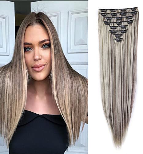 Cybelleza Clip in Extensions wie Echthaar Haarverlängerung Haarteil 8 Teile Set Glatt Lang Günstig Haarverdichtung Synthetische Haare für Frauen 60cm (Hellbraun&Bleichblond)