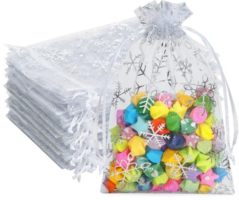 G2PLUS 10x15 cm Organzasäckchen Weihnachten, Weiß Weihnachten Organzabeutel, 50 Stück Geschenk Organzabeutel, Schneeflocke Organzasäckchen mit Kordelzug für Geschenk Weihnachten Deko
