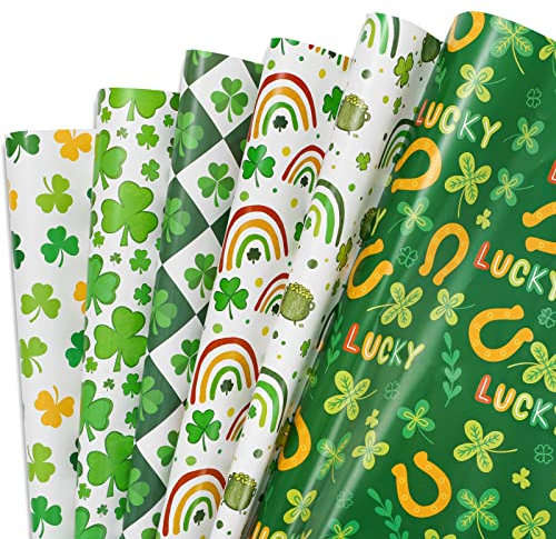 AnyDesign 12 Blatt St. Patrick's Day Geschenkpapier, 6 Designs, grünes Glückskleeblatt, Regenbogendruck, Geschenkpapier, dekoratives Kunstpapier für Urlaub, Party, Feier, 49.7x70.6 cm, flach gefaltet