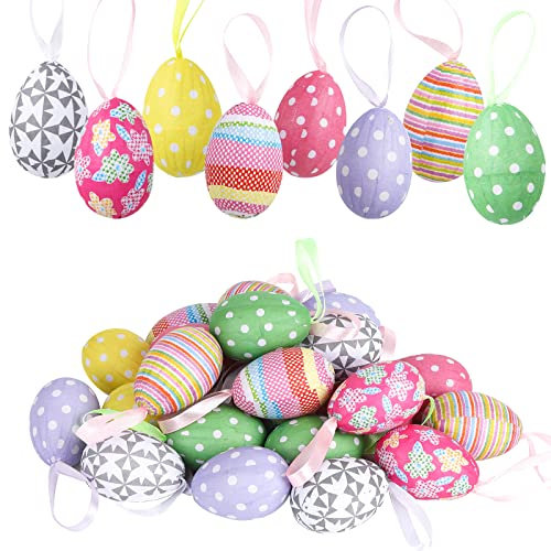 24 Stück Ostern Hängende Eier Baumschmuck,Deko Ostern Eier Ostereier Dekoration Ostereier Hängende Ornamente Bunte Schaumstoff-Ostereier Dekorationen für Ostern DIY Handwerk Home Decorations