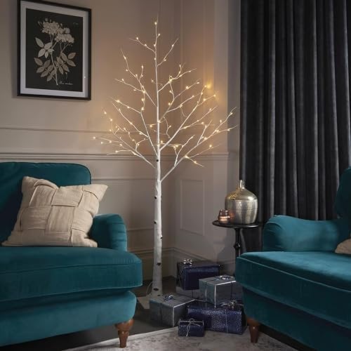 Celebright Pre-Lit Christmas Twig Tree - 6ft White Birch Tree with 96 Warm White LED Lights - Bendable Branches, 5-Metre Cable - Indoor & Outdoor Use + Pegs for Outdoor Security