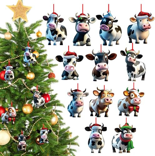 D24TIME Cow Christmas Ornaments 12Pcs Wooden Cow Ornaments for Christmas Tree Funny Farmhouse Christmas Hanging Ornaments Cow Farm Animal Christmas Tree Decoration for Kids Farmhouse Xmas Party Gifts
