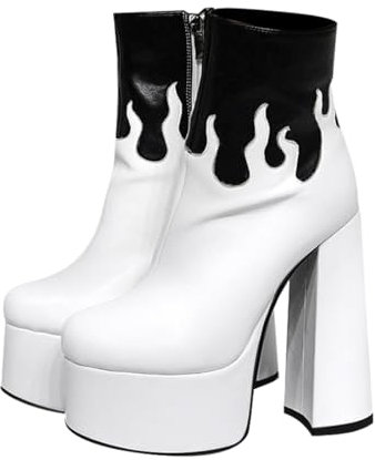 blingqueen Damen Stiefeletten Plateau Blockabsatz Boots Punk Schwarz Weiß 40 EU