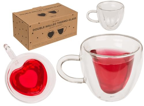 Doppelwandiges Thermo-Glas mit Herzform, ca. 9 x 8,3 cm, ca. 180 ml, Brosilikat Glas, 2er Set in Verpackung aus Kraftpapier, Farblos