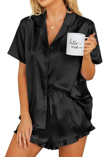 Ekouaer Womens Satin Pajamas Set Button Down 2 Piece Silk Pjs Shorts Set Ruffle Lingerie Notch Collar Sleepwear Black M