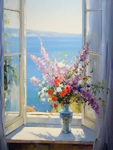 Quadri su tela formato Fiori sul davanzale della finestra in riva al mare,40*60cm Quadri Moderni Stampa su tela con Pittura Quadri su tela Quadro decorativo per soggiorno salotto camera da letto cuci