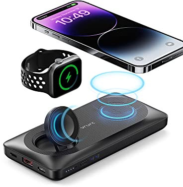 VRURC Batterie Externe sans Fil Magnétique 10000mAh Power Bank USB C 22.5W Charge Rapide 3 in 1 Chargeur Portable Compatible avec iPhone 15/14/13, iWatch 8/7/6, AirPods Pro/2(Noir)