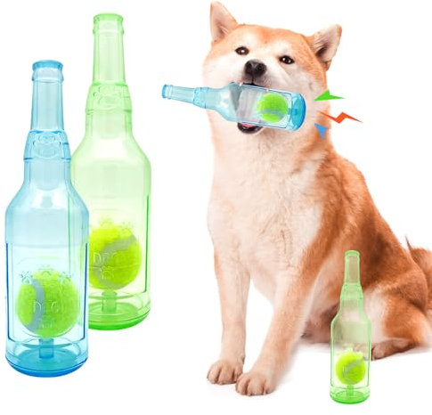 Aerbee 2Pcs Crunchnplay Bottle Toy for Dogs, Interesting Squeaky Dog Toys, 7.7 Rubber Water Bottle Toys with Tennis Ball, Pet Chew Toy, Outdoor Interactive Dog Toys Dogs Dental (Blue & Green)