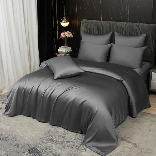 Boqingzhu Sommer Bettwäsche 220x240 cm 100% Bambus Lyocell Anthrazit Grau Atmungsaktiv & Kühlend Luxus Sommerbettwäsche Reißverschluss, Oeko-TEX Zertifiziert, Bettbezug mit 2 Kissenbezügen 80x80 cm